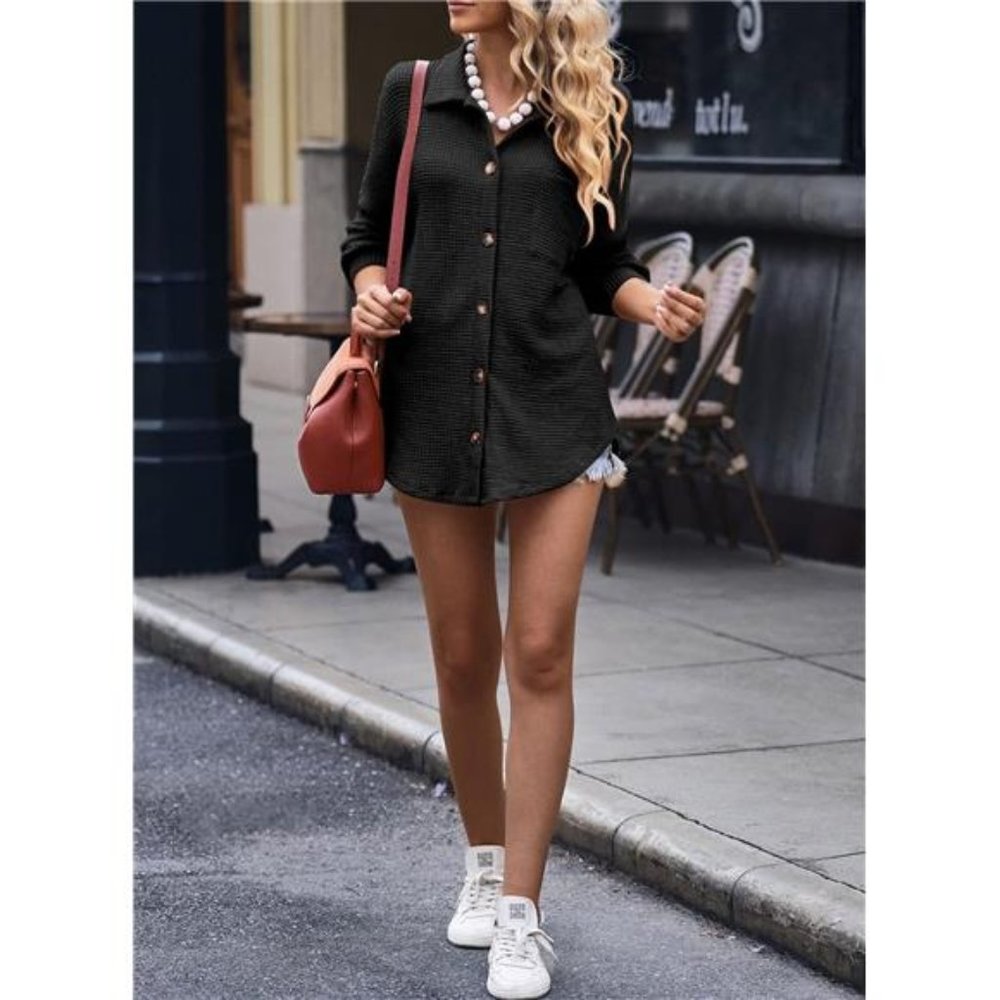 Womens Waffle Knit Shacket Jacket Long Sleeve Button Down Shirts - Picture 2 of 5